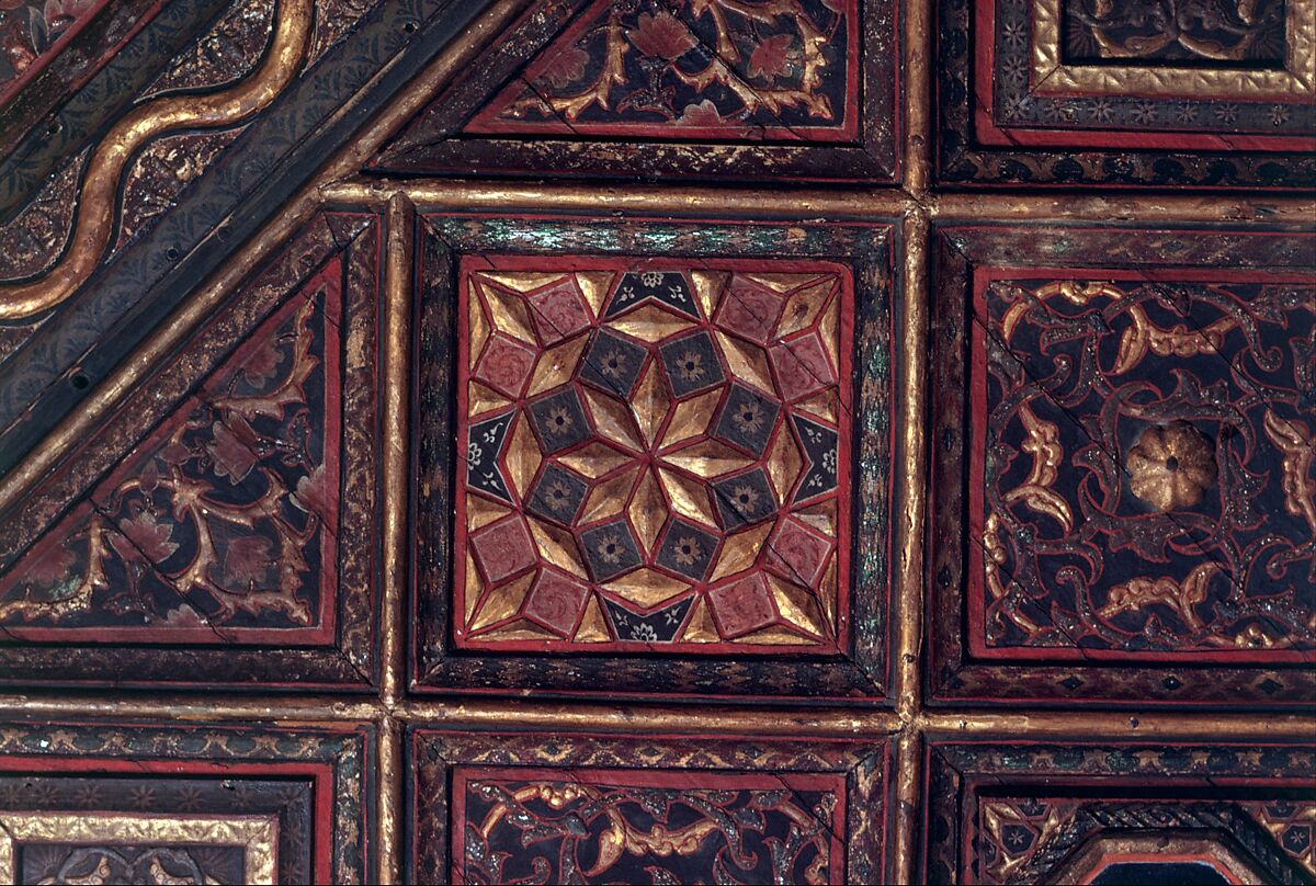 Damascus Room, Wood (poplar) with gesso relief, gold and tin leaf, glazes and paint; wood (cypress, poplar, and mulberry), mother-of-pearl, marble and other stones, stucco with glass, plaster ceramic tiles, iron, brass