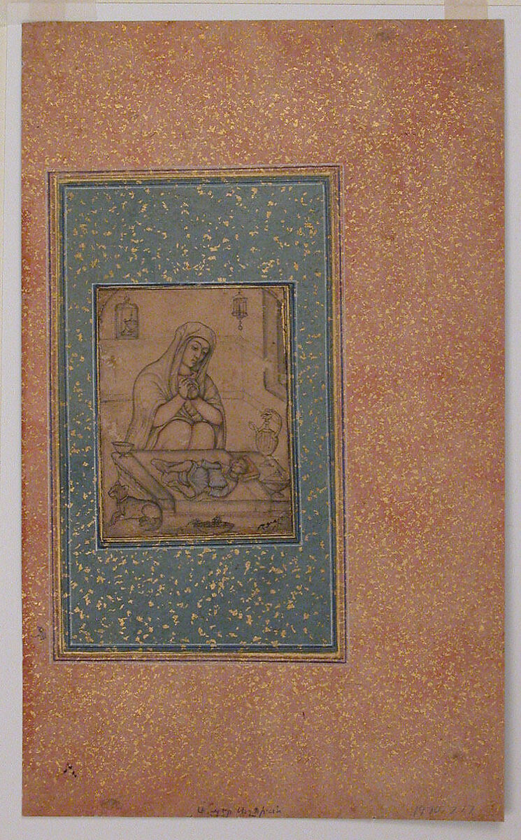 Madonna and Child in a Domestic Interior, Painting by Manohar (active ca. 1582–1624), Black and colored ink and gold on paper 
