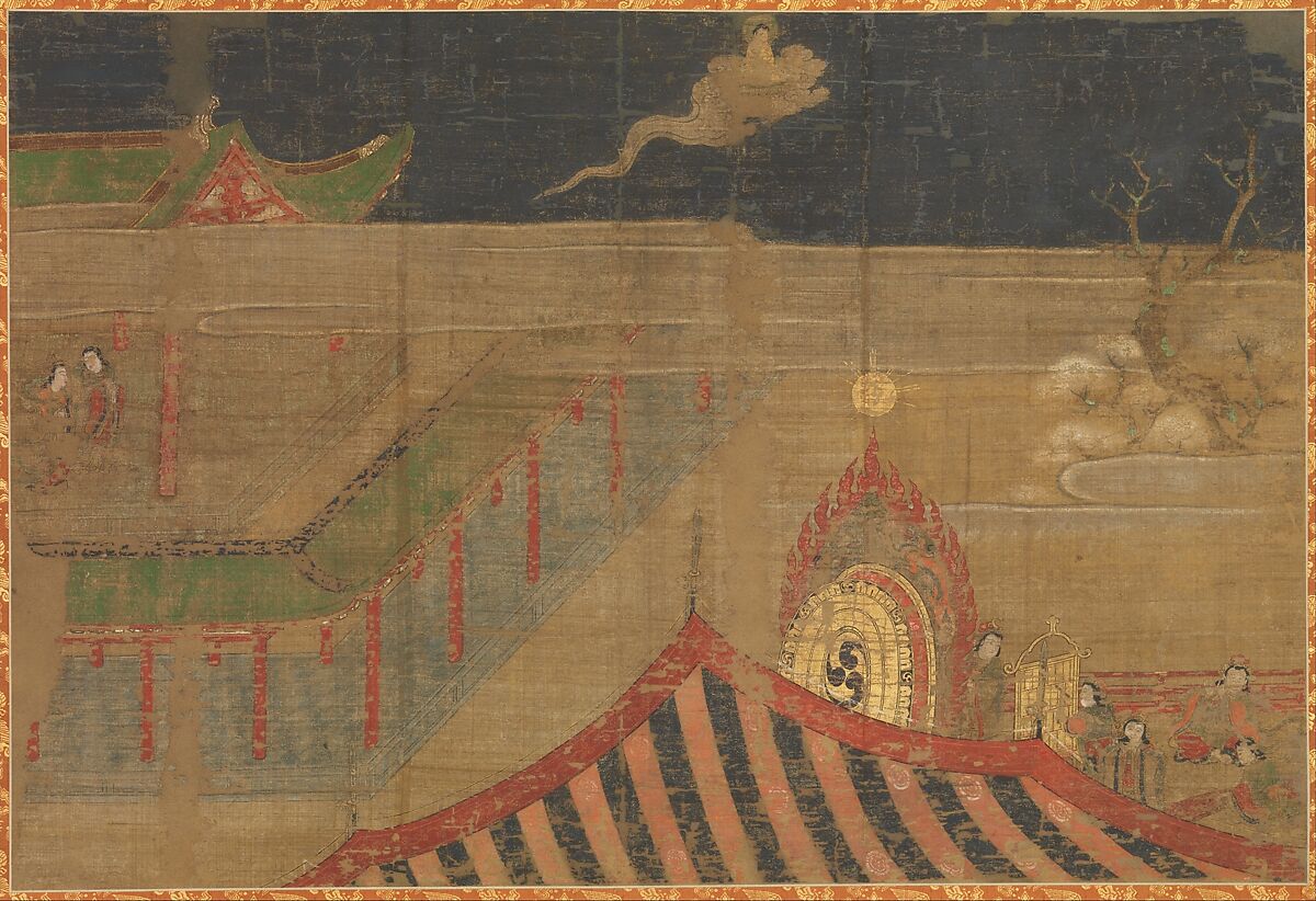 Scene from the Life of the Buddha, Section of a wall panel mounted as a hanging scroll; ink, color, and gold on silk, Japan 