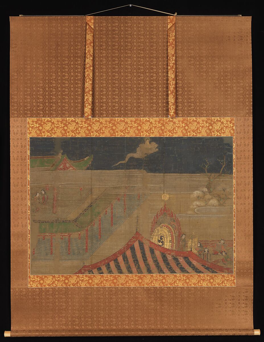 Scene from the Life of the Buddha, Section of a wall panel mounted as a hanging scroll; ink, color, and gold on silk, Japan