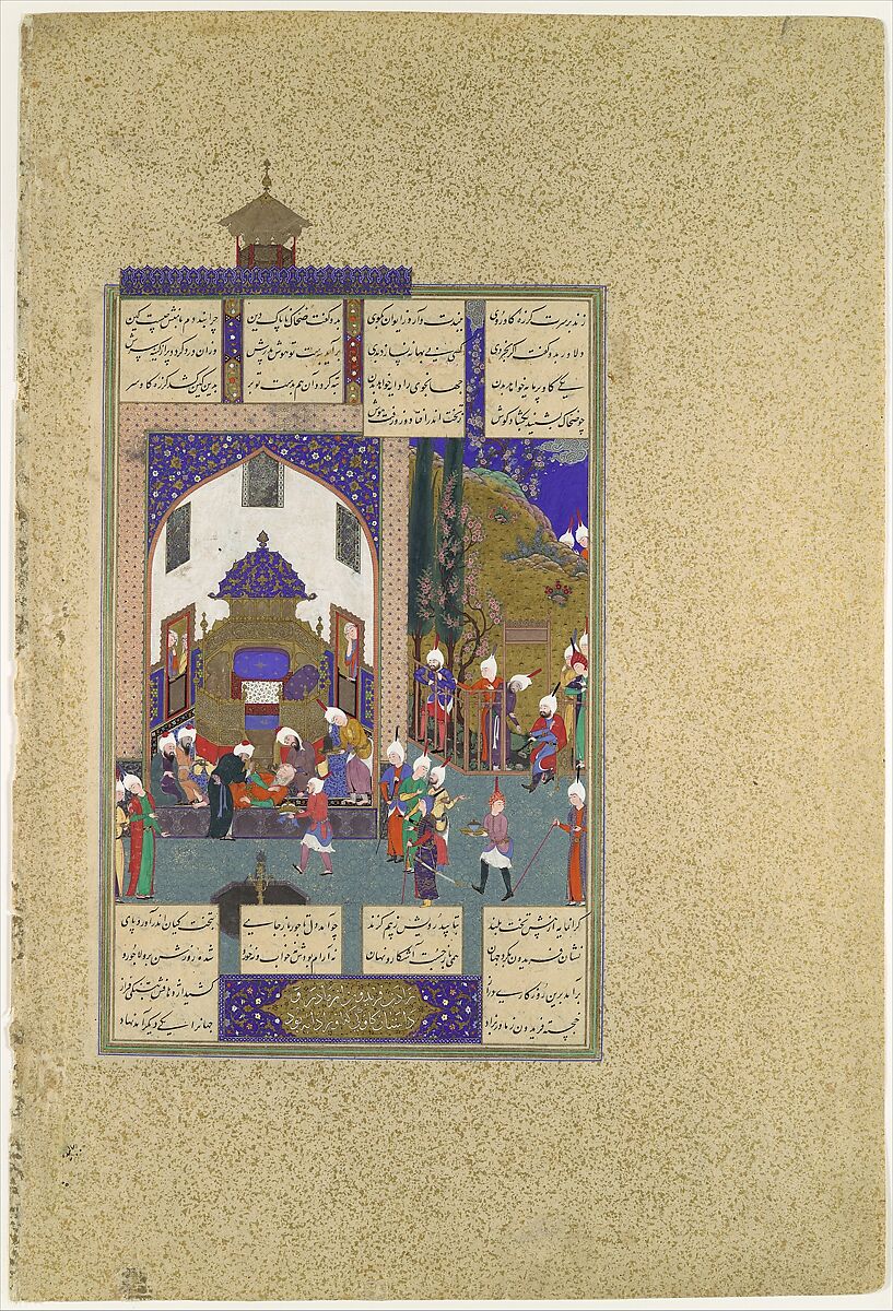 "Zahhak is Told His Fate", Folio 29v from the Shahnama (Book of Kings) of Shah Tahmasp, Abu&#39;l Qasim Firdausi (Iranian, Paj ca. 940/41–1020 Tus), Opaque watercolor, ink, silver, and gold on paper 
