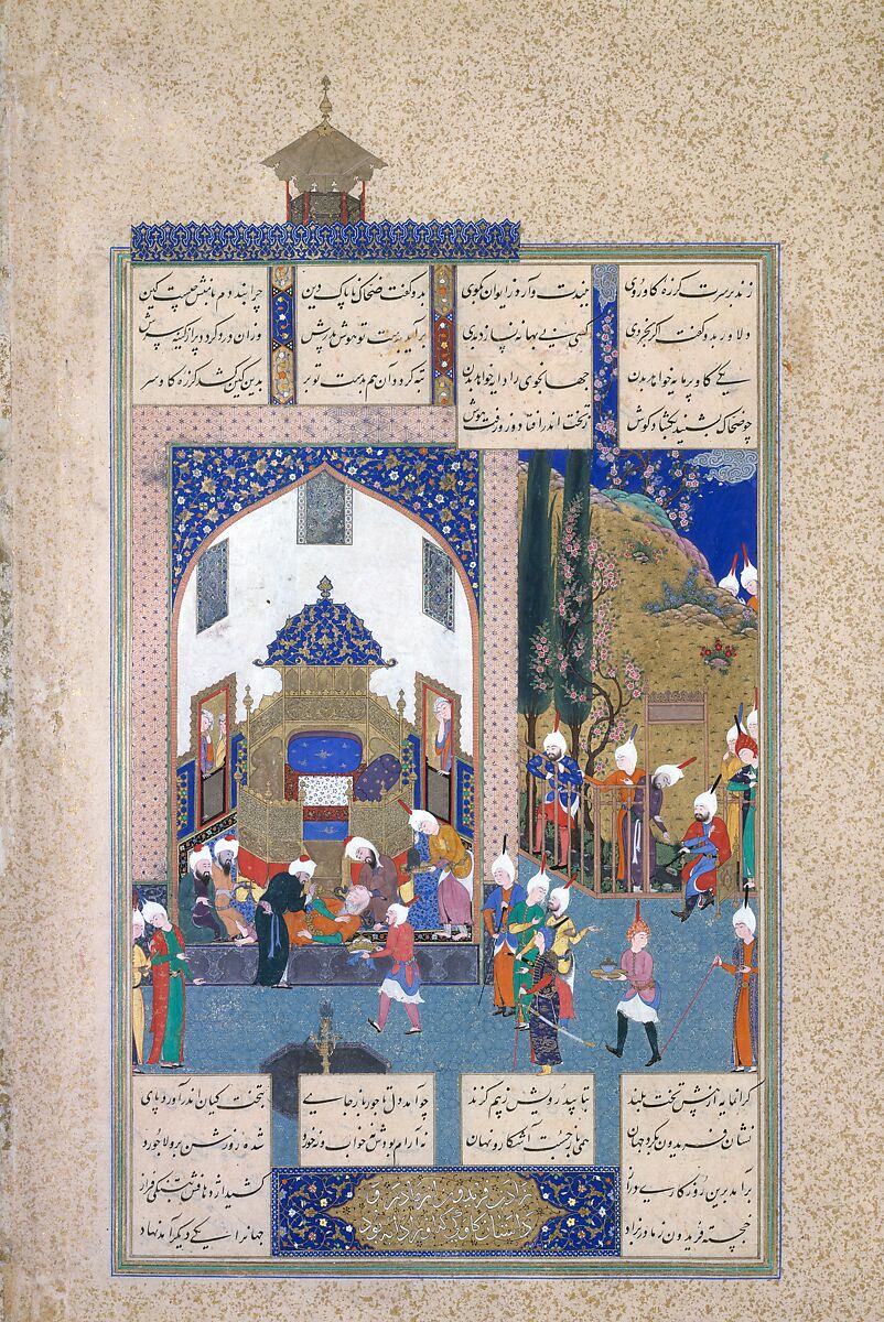 "Zahhak is Told His Fate", Folio 29v from the Shahnama (Book of Kings) of Shah Tahmasp, Abu'l Qasim Firdausi (Iranian, Paj ca. 940/41–1020 Tus), Opaque watercolor, ink, silver, and gold on paper