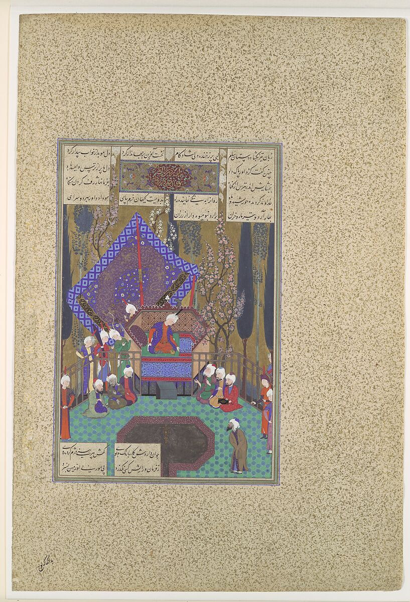 "Zal Consults the Magi", Folio 73v from the Shahnama (Book of Kings) of Shah Tahmasp, Abu'l Qasim Firdausi (Iranian, Paj ca. 940/41–1020 Tus), Opaque watercolor, ink, silver, and gold on paper