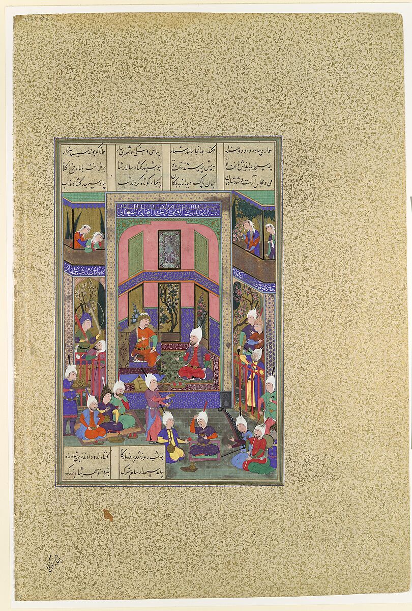 "Manuchihr Welcomes Sam but Orders War upon Mihrab", Folio 80v from the Shahnama (Book of Kings) of Shah Tahmasp, Abu&#39;l Qasim Firdausi (Iranian, Paj ca. 940/41–1020 Tus), Opaque watercolor, ink, silver, and gold on paper 
