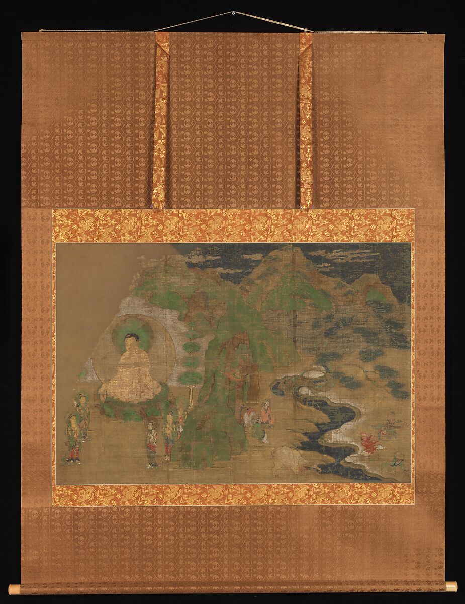 Scene from the Life of the Buddha, Section of a wall panel mounted as a hanging scroll; ink, color, and gold on silk, Japan