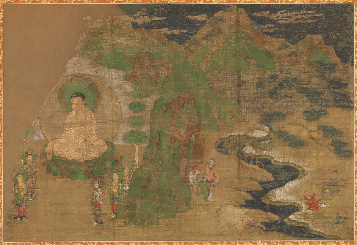 Scene from the Life of the Buddha, Section of a wall panel mounted as a hanging scroll; ink, color, and gold on silk, Japan 