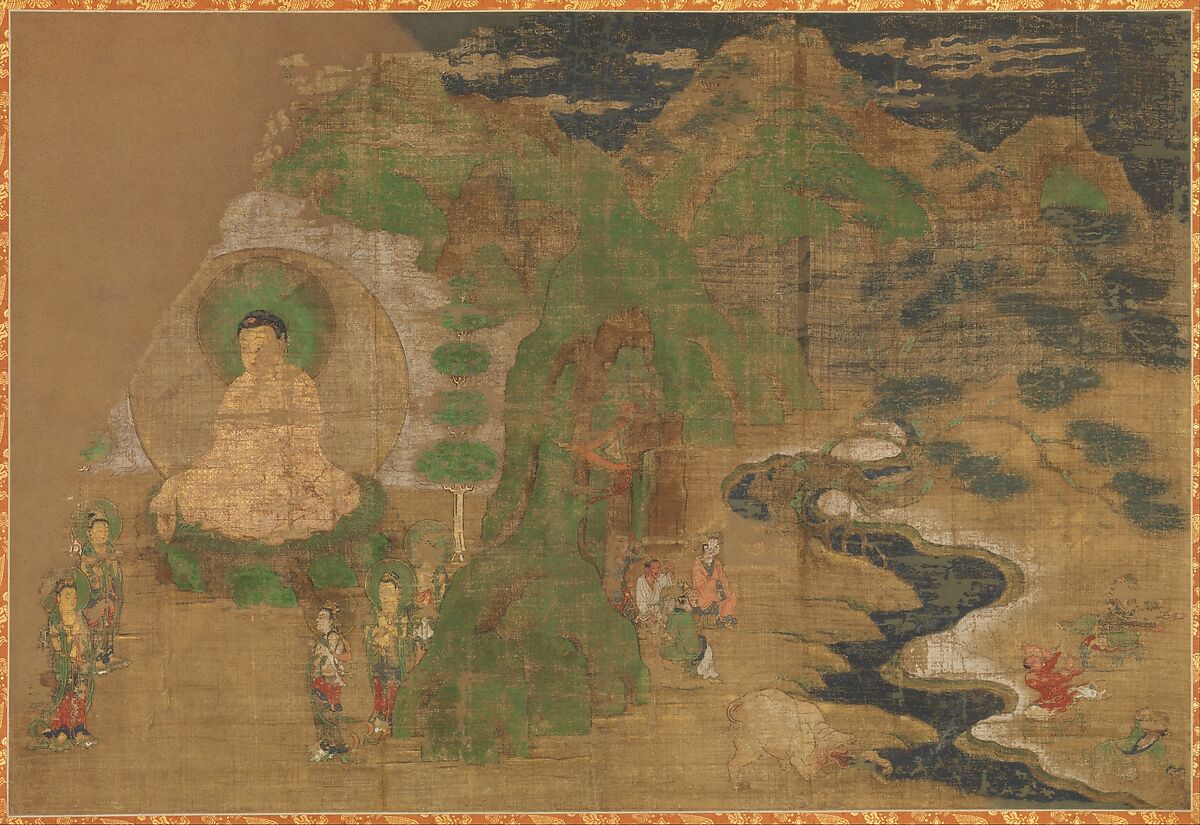 Scene from the Life of the Buddha, Section of a wall panel mounted as a hanging scroll; ink, color, and gold on silk, Japan