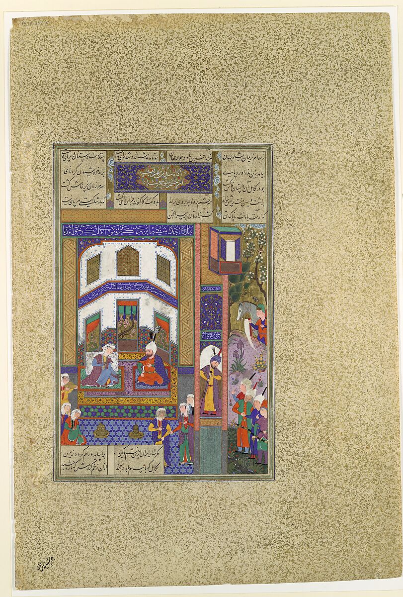 "Mihrab Vents His Anger Upon Sindukht", Folio 83v from the Shahnama (Book of Kings) of Shah Tahmasp, Abu&#39;l Qasim Firdausi (Iranian, Paj ca. 940/41–1020 Tus), Opaque watercolor, ink, silver, and gold on paper 