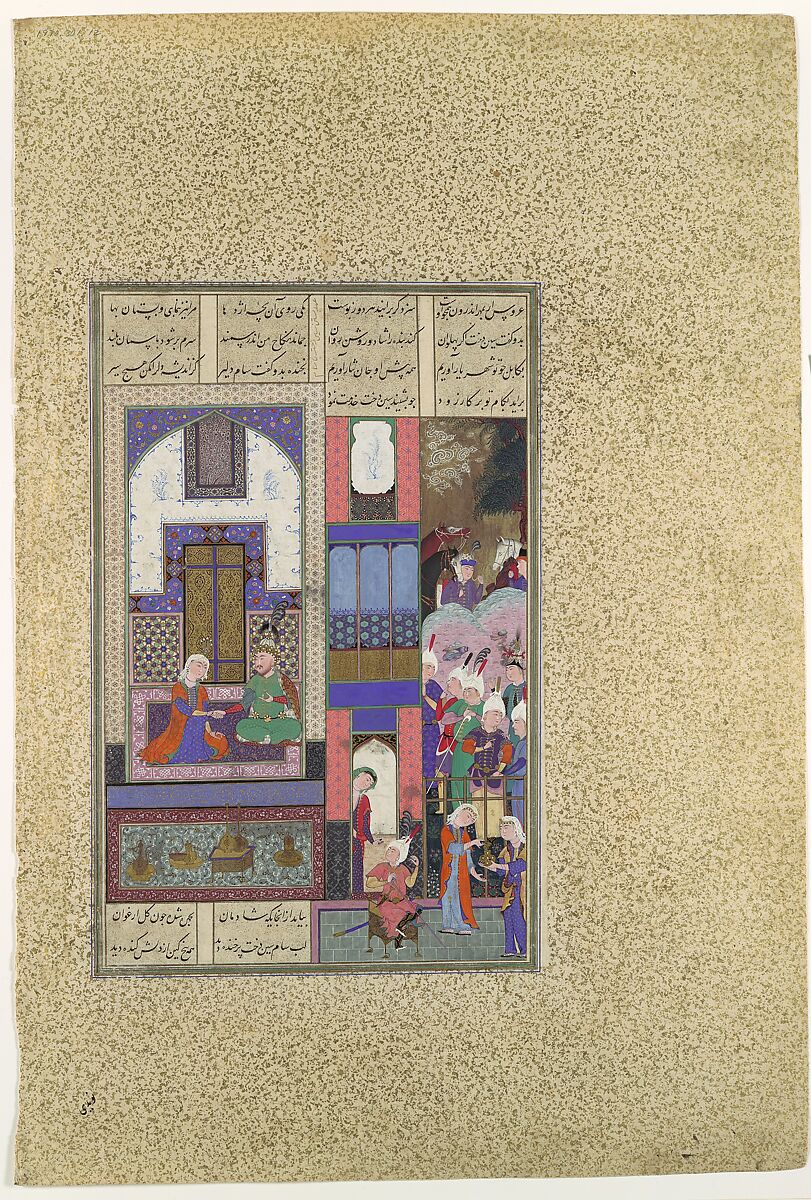 "Sam Seals His Pact with Sindukht", Folio 85v from the Shahnama (Book of Kings) of Shah Tahmasp, Abu&#39;l Qasim Firdausi (Iranian, Paj ca. 940/41–1020 Tus), Opaque watercolor, ink, silver, and gold on paper 