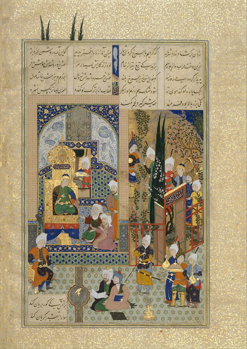 "The Shah's Wise Men Approve of Zal's Marriage", Folio 86v from the Shahnama (Book of Kings) of Shah Tahmasp, Abu'l Qasim Firdausi (Iranian, Paj ca. 940/41–1020 Tus), Opaque watercolor, ink, silver, and gold on paper