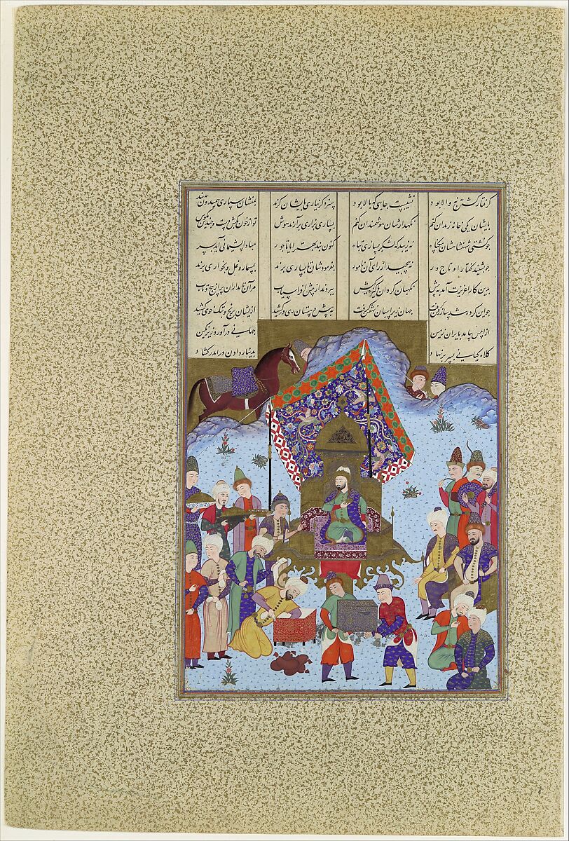 "Afrasiyab on the Iranian Throne", Folio 105r from the Shahnama (Book of Kings) of Shah Tahmasp, Abu'l Qasim Firdausi (Iranian, Paj ca. 940/41–1020 Tus), Opaque watercolor, ink, silver, and gold on paper