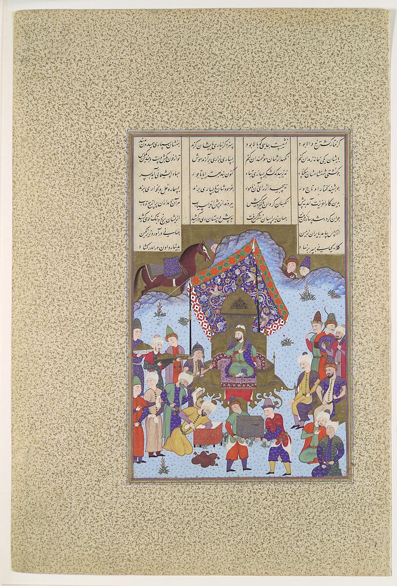 "Afrasiyab on the Iranian Throne", Folio 105r from the Shahnama (Book of Kings) of Shah Tahmasp, Abu&#39;l Qasim Firdausi (Iranian, Paj ca. 940/41–1020 Tus), Opaque watercolor, ink, silver, and gold on paper 