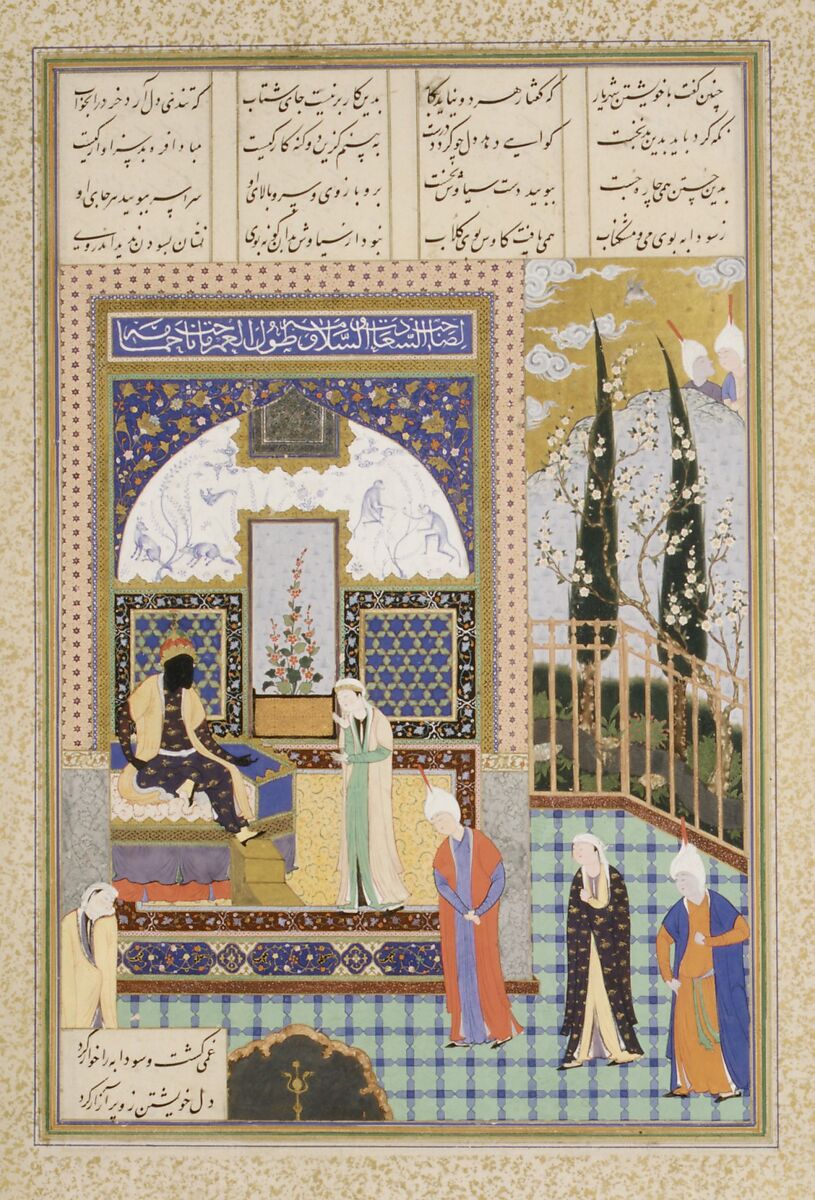 "Siyavush Stands Accused by Sudaba before Kai Kavus", Folio 163v from the Shahnama (Book of Kings) of Shah Tahmasp, Abu'l Qasim Firdausi (Iranian, Paj ca. 940/41–1020 Tus), Opaque watercolor, ink, silver, and gold on paper