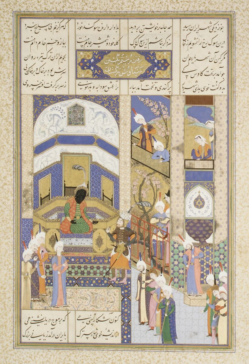 "Rustam Blames Kai Kavus for the Death of Siyavush", Folio 202v from the Shahnama (Book of Kings) of Shah Tahmasp, Abu'l Qasim Firdausi (Iranian, Paj ca. 940/41–1020 Tus), Opaque watercolor, ink, silver, and gold on paper
