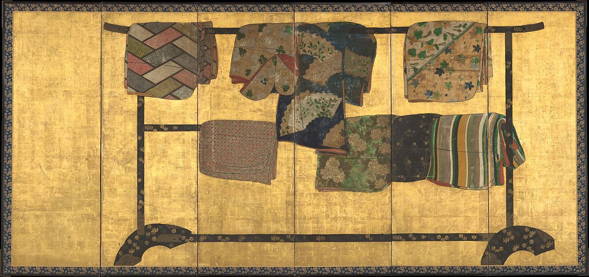 Tagasode (“Whose Sleeves?”), Pair of six-panel folding screens; ink, color, gold, silver, and gold leaf on paper, Japan