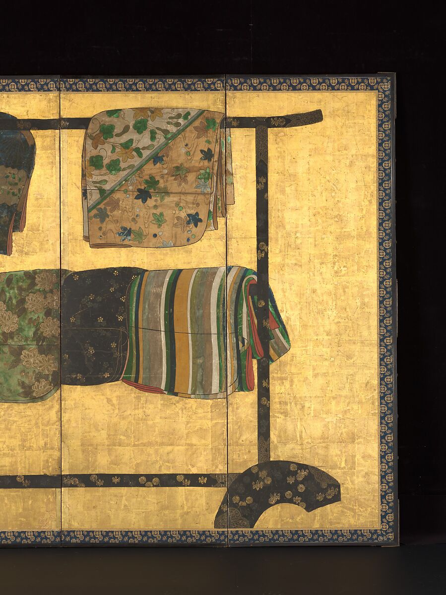 Tagasode (“Whose Sleeves?”), Pair of six-panel folding screens; ink, color, gold, silver, and gold leaf on paper , Japan