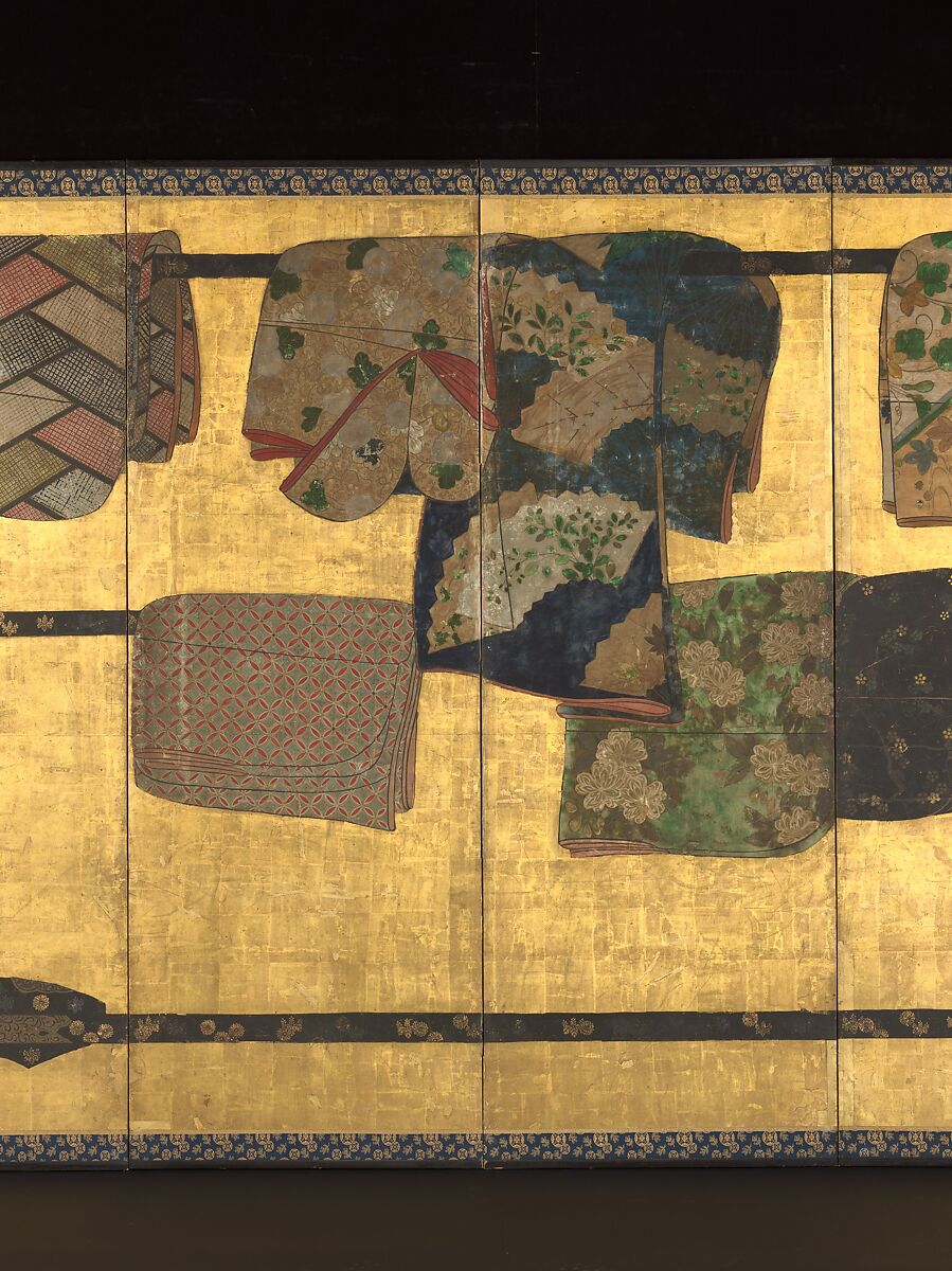 Tagasode (“Whose Sleeves?”), Pair of six-panel folding screens; ink, color, gold, silver, and gold leaf on paper , Japan