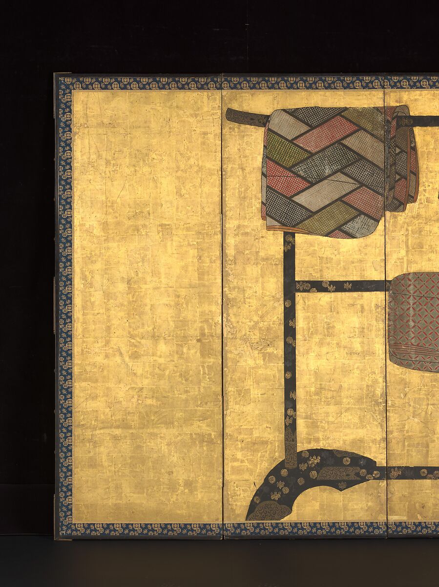 Tagasode (“Whose Sleeves?”), Pair of six-panel folding screens; ink, color, gold, silver, and gold leaf on paper , Japan