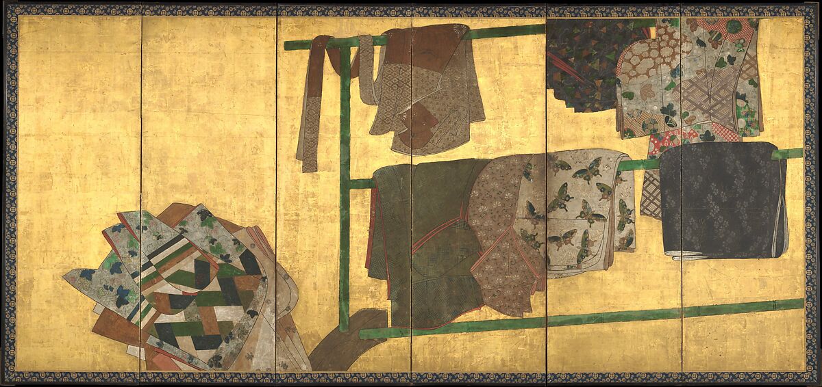 Tagasode (“Whose Sleeves?”), Pair of six-panel folding screens; ink, color, gold, silver, and gold leaf on paper , Japan