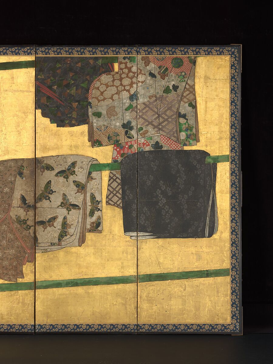 Tagasode (“Whose Sleeves?”), Pair of six-panel folding screens; ink, color, gold, silver, and gold leaf on paper , Japan