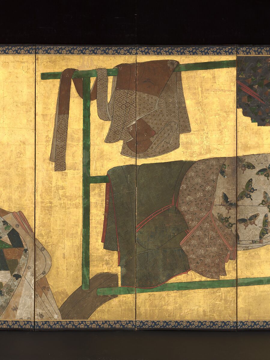 Tagasode (“Whose Sleeves?”), Pair of six-panel folding screens; ink, color, gold, silver, and gold leaf on paper , Japan
