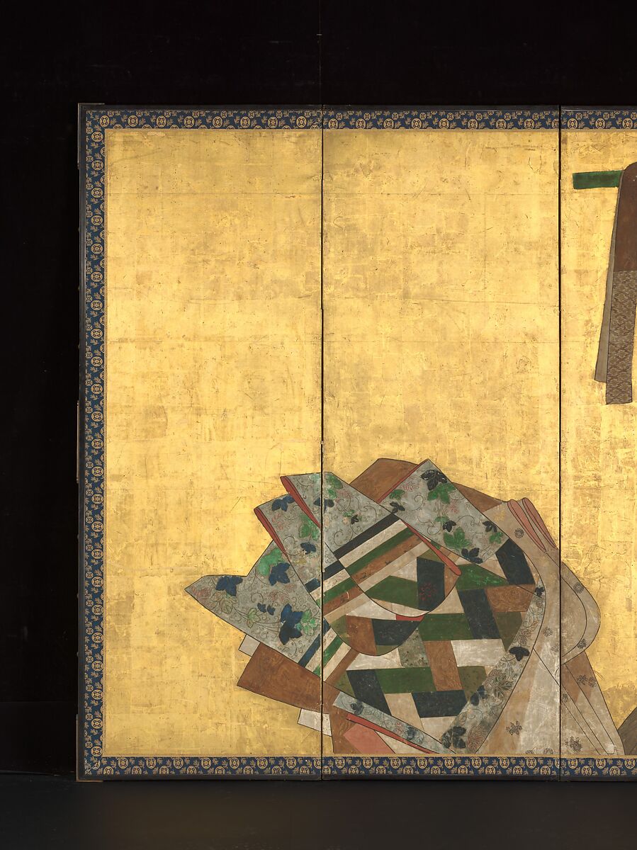 Tagasode (“Whose Sleeves?”), Pair of six-panel folding screens; ink, color, gold, silver, and gold leaf on paper , Japan