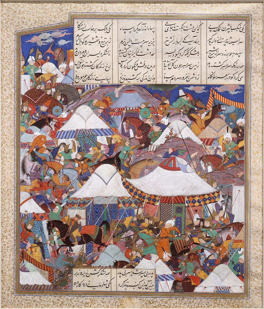 "The Besotted Iranian Camp Attacked by Night", Folio 241r from the Shahnama (Book of Kings) of Shah Tahmasp, Abu'l Qasim Firdausi (Iranian, Paj ca. 940/41–1020 Tus), Opaque watercolor, ink, silver, and gold on paper