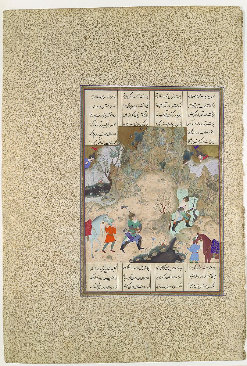 "The Final Joust of the Rooks: Gudarz Versus Piran", Folio 346r from the Shahnama (Book of Kings) of Shah Tahmasp, Abu&#39;l Qasim Firdausi (Iranian, Paj ca. 940/41–1020 Tus), Opaque watercolor, ink, silver, and gold on paper 