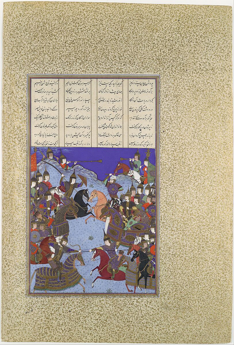 "The Night Battle of Kai Khusrau and Afrasiyab", Folio367v  from the Shahnama (Book of Kings) of Shah Tahmasp, Abu&#39;l Qasim Firdausi (Iranian, Paj ca. 940/41–1020 Tus), Opaque watercolor, ink, silver, and gold on paper 