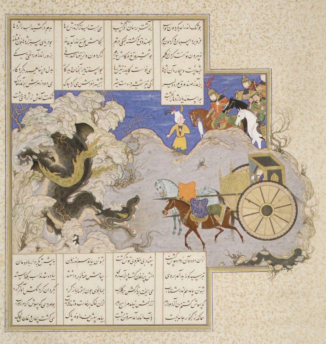"Isfandiyar's Third Course: He Slays a Dragon", Folio 434v from the Shahnama (Book of Kings) of Shah Tahmasp, Abu'l Qasim Firdausi (Iranian, Paj ca. 940/41–1020 Tus), Opaque watercolor, ink, silver, and gold on paper