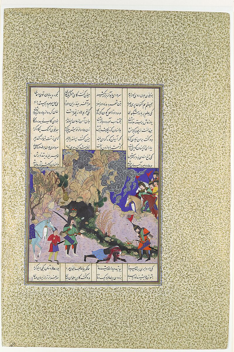 "Isfandiyar's Fourth Course: He Slays a Sorceress", Folio 435v from the Shahnama (Book of Kings) of Shah Tahmasp, Abu&#39;l Qasim Firdausi (Iranian, Paj ca. 940/41–1020 Tus), Opaque watercolor, ink, silver, and gold on paper 