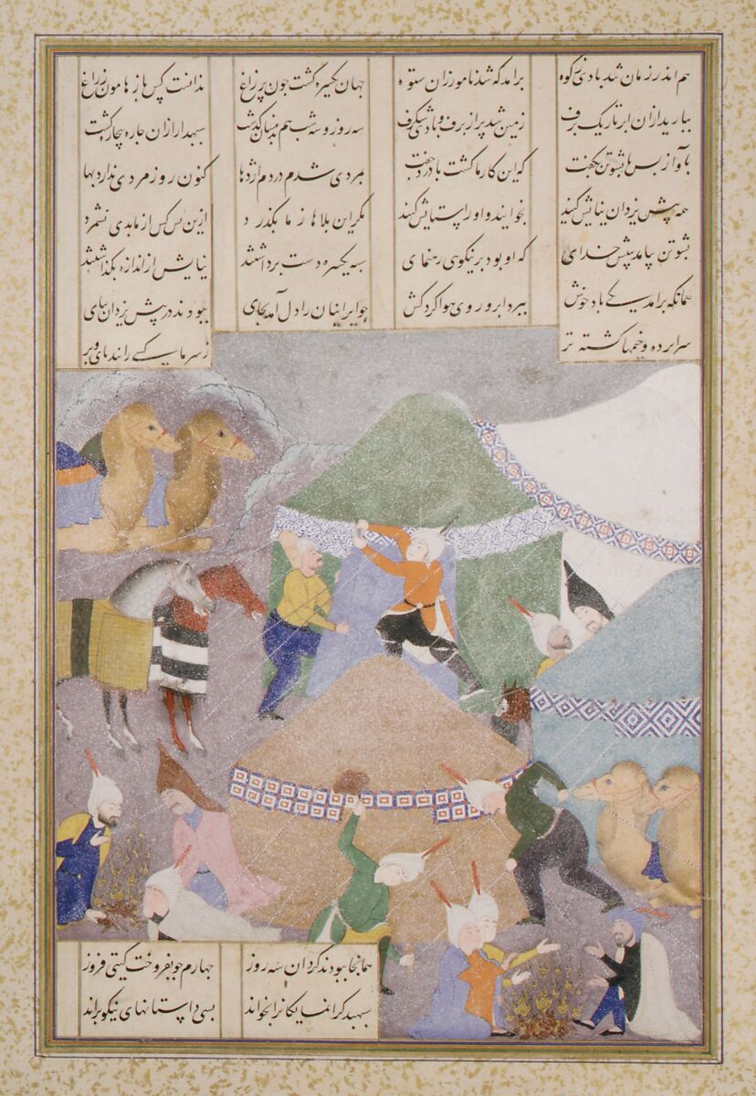 "Isfandiyar's Sixth Course: He Comes Through the Snow", Folio 438r from the Shahnama (Book of Kings) of Shah Tahmasp, Abu'l Qasim Firdausi (Iranian, Paj ca. 940/41–1020 Tus), Opaque watercolor, ink, silver, and gold on paper