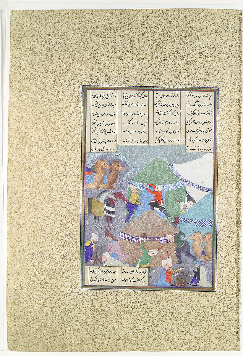 "Isfandiyar's Sixth Course: He Comes Through the Snow", Folio 438r from the Shahnama (Book of Kings) of Shah Tahmasp, Abu&#39;l Qasim Firdausi (Iranian, Paj ca. 940/41–1020 Tus), Opaque watercolor, ink, silver, and gold on paper 