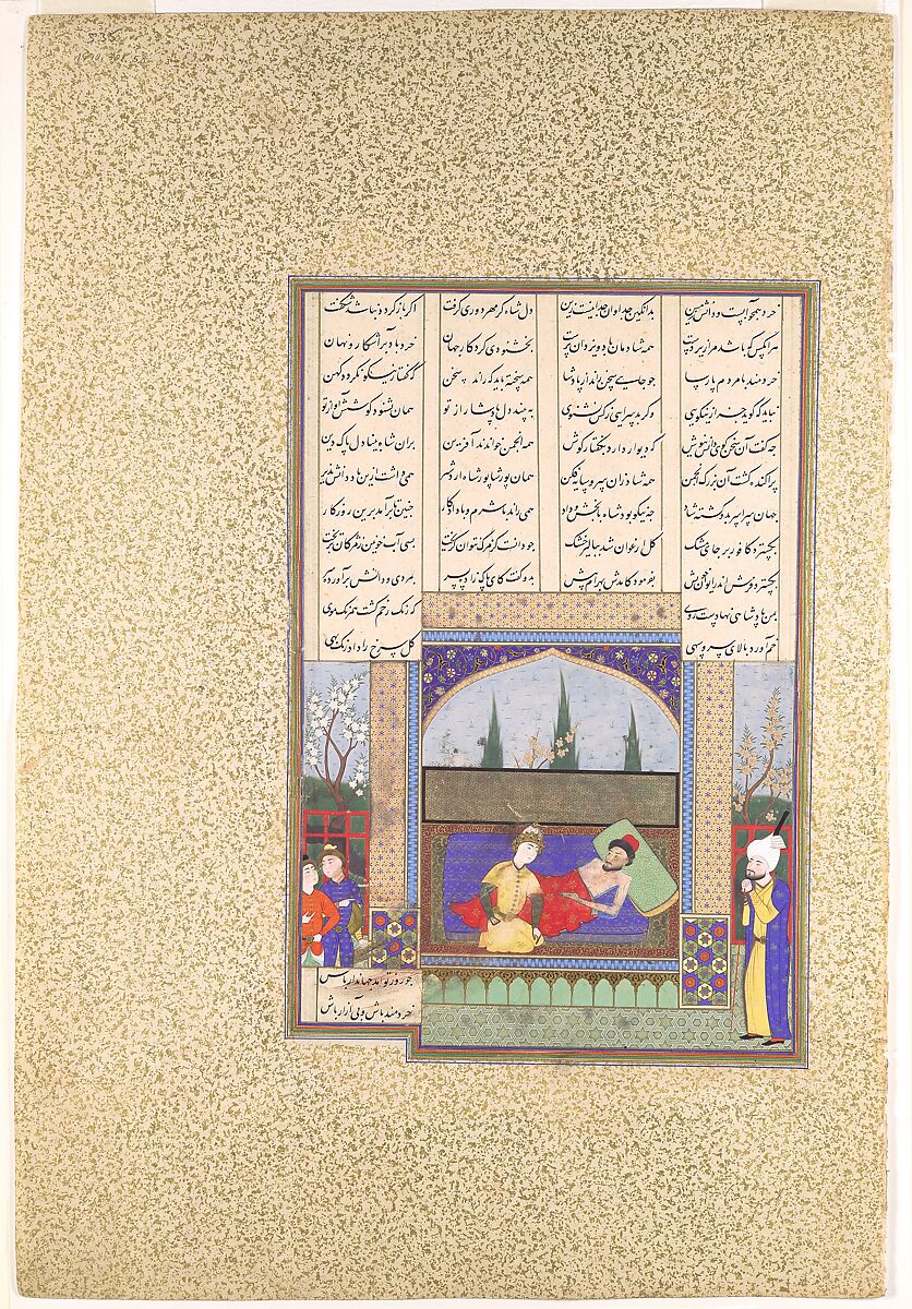 "Hurmuzd I's Last Testament to Prince Bahram I", Folio 535r from the Shahnama (Book of Kings) of Shah Tahmasp, Abu&#39;l Qasim Firdausi (Iranian, Paj ca. 940/41–1020 Tus), Opaque watercolor, ink, silver, and gold on paper 