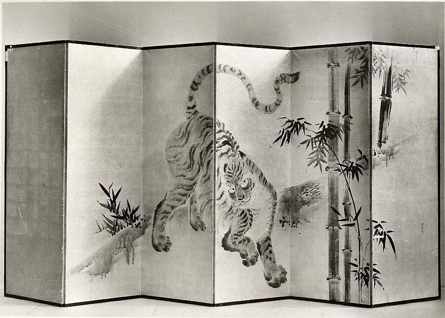 Seven Gods of Good Fortune and Chinese Children, Kano Chikanobu (Japanese, 1660–1728), Six-panel folding screen; ink, color, and gilt on paper; Reverse side: ink, color, and gold on paper, Japan