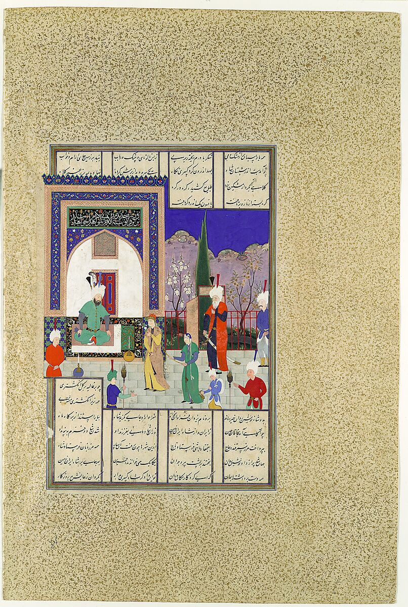 "Nushirvan Greets the Khaqan's Daughter", Folio 633v from the Shahnama (Book of Kings) of Shah Tahmasp, Abu&#39;l Qasim Firdausi (Iranian, Paj ca. 940/41–1020 Tus), Opaque watercolor, ink, silver, and gold on paper 