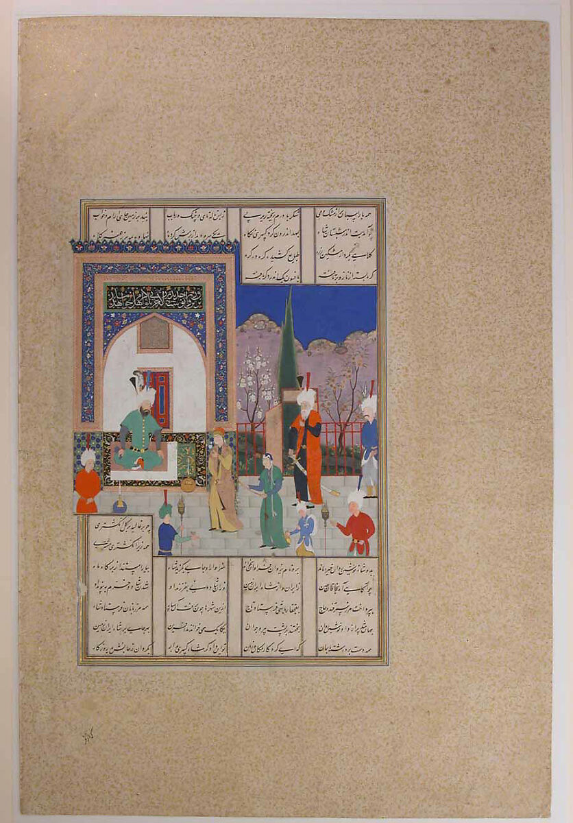 "Nushirvan Greets the Khaqan's Daughter", Folio 633v from the Shahnama (Book of Kings) of Shah Tahmasp, Abu'l Qasim Firdausi (Iranian, Paj ca. 940/41–1020 Tus), Opaque watercolor, ink, silver, and gold on paper