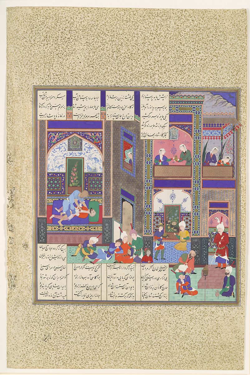 "The Assassination of Khusrau Parviz", Folio 742v from the Shahnama (Book of Kings) of Shah Tahmasp, Abu'l Qasim Firdausi (Iranian, Paj ca. 940/41–1020 Tus), Opaque watercolor, ink, silver, and gold on paper