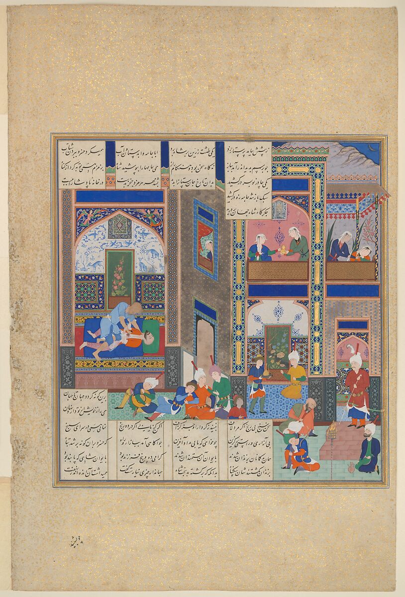 "The Assassination of Khusrau Parviz", Folio 742v from the Shahnama (Book of Kings) of Shah Tahmasp, Abu&#39;l Qasim Firdausi (Iranian, Paj ca. 940/41–1020 Tus), Opaque watercolor, ink, silver, and gold on paper 
