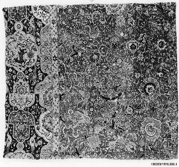 Fragment of a Carpet with Cartouche Border, Silk (warp and weft), wool (pile); asymmetrically knotted pile