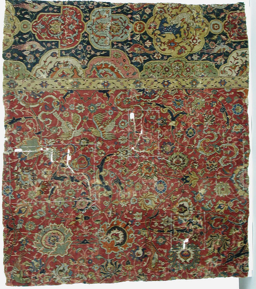 Fragment of a Carpet with Cartouche Border, Silk (warp and weft), wool (pile); asymmetrically knotted pile