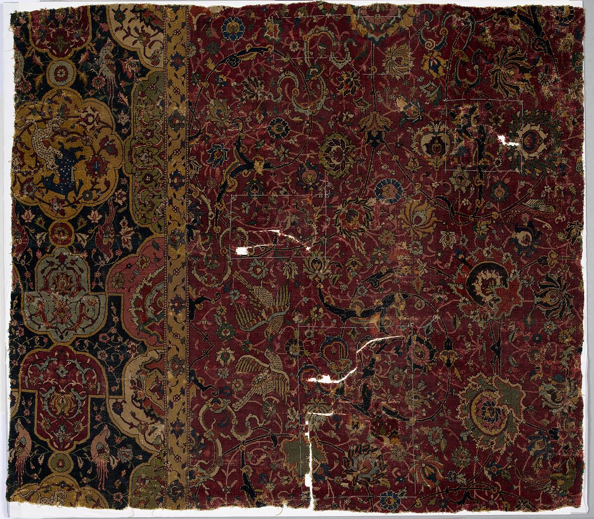 Fragment of a Carpet with Cartouche Border, Silk (warp and weft), wool (pile); asymmetrically knotted pile