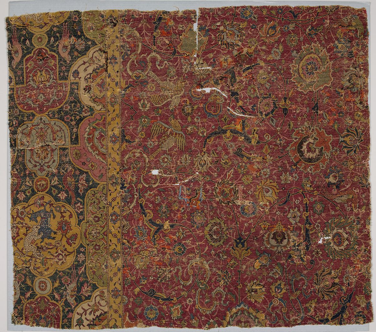 Fragment of a Carpet with Cartouche Border, Silk (warp and weft), wool (pile); asymmetrically knotted pile