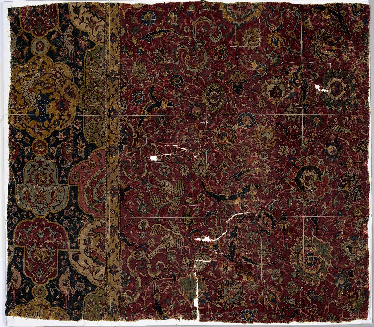 Fragment of a Carpet with Cartouche Border, Silk (warp and weft), wool (pile); asymmetrically knotted pile 