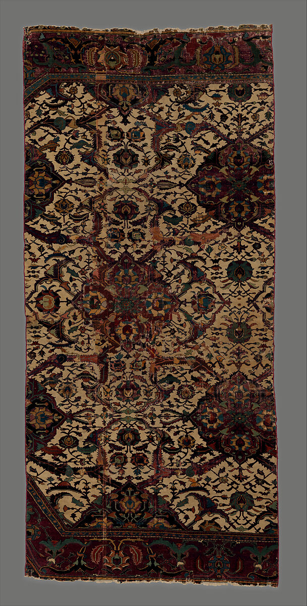 Carpet Fragment, Cotton (warp and weft), silk (weft), wool (pile); asymmetrically knotted pile 