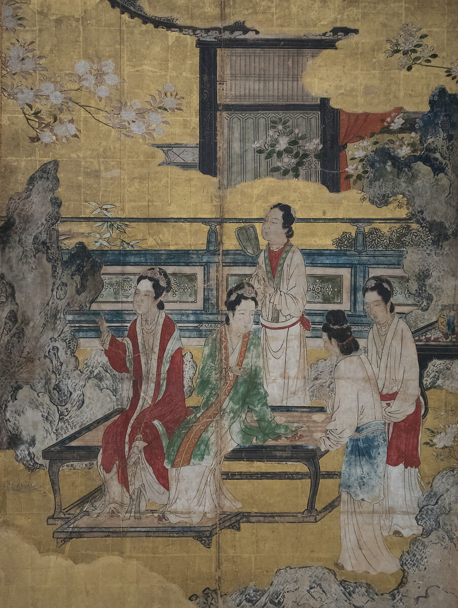 Chinese Women in a Palace Garden, Formerly attributed to Kano Eitoku (Japanese, 1543–1590), Two panels of a folding screen, mounted as a hanging scroll; ink, color, gold, and gold leaf on paper, Japan 