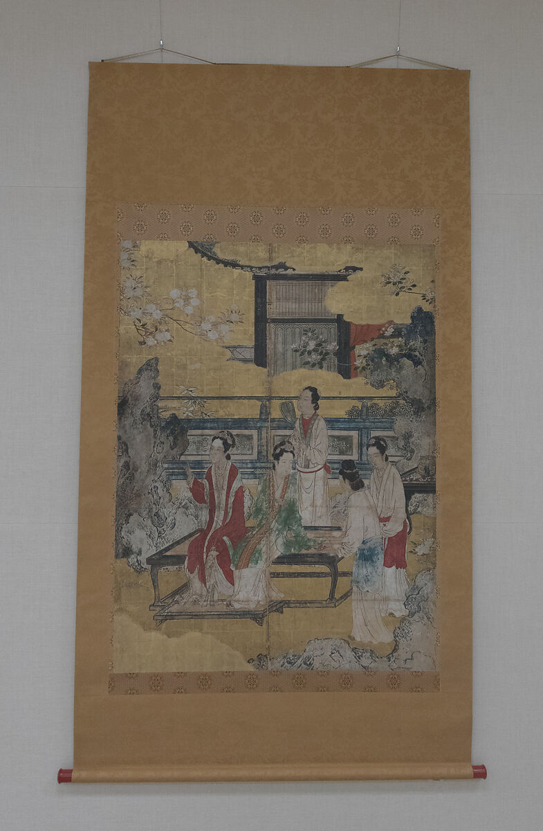 Chinese Women in a Palace Garden, Formerly attributed to Kano Eitoku (Japanese, 1543–1590), Two panels of a folding screen, mounted as a hanging scroll; ink, color, gold, and gold leaf on paper, Japan