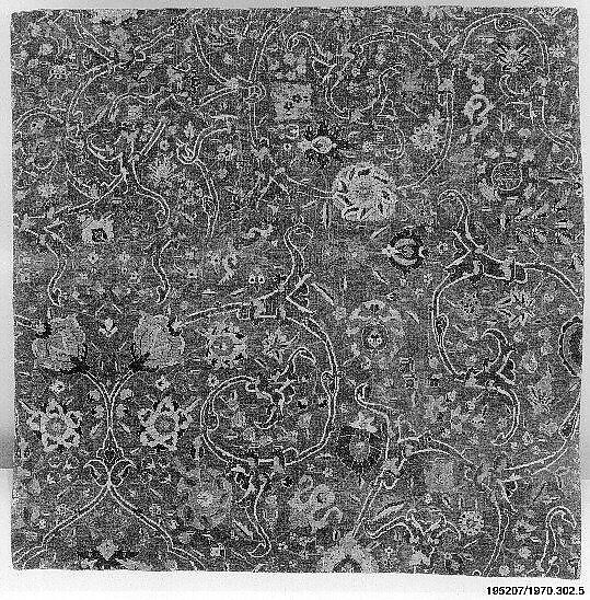 Blue-ground Carpet Fragment with Scrolling Floral Vines, Cotton (warp), wool (weft and pile); asymmetrically knotted pile