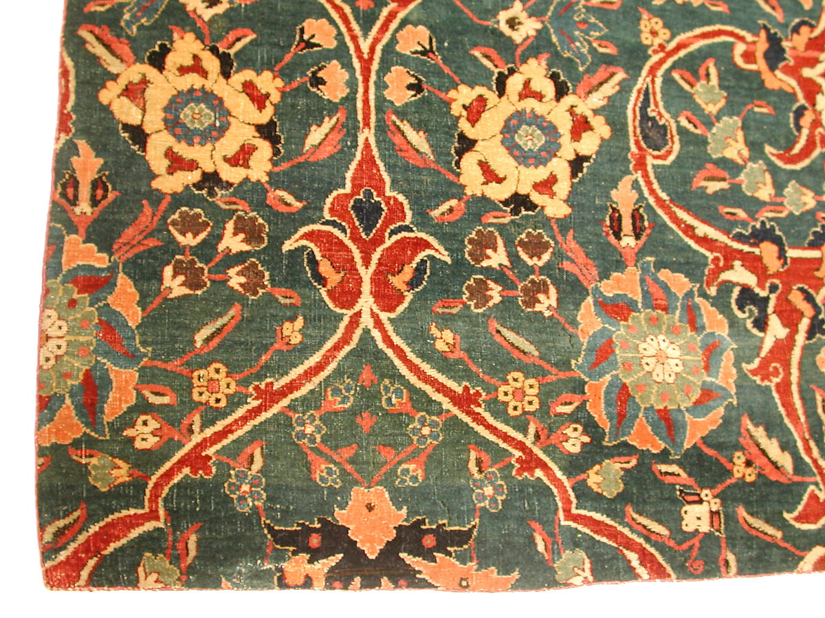 Blue-ground Carpet Fragment with Scrolling Floral Vines, Cotton (warp), wool (weft and pile); asymmetrically knotted pile