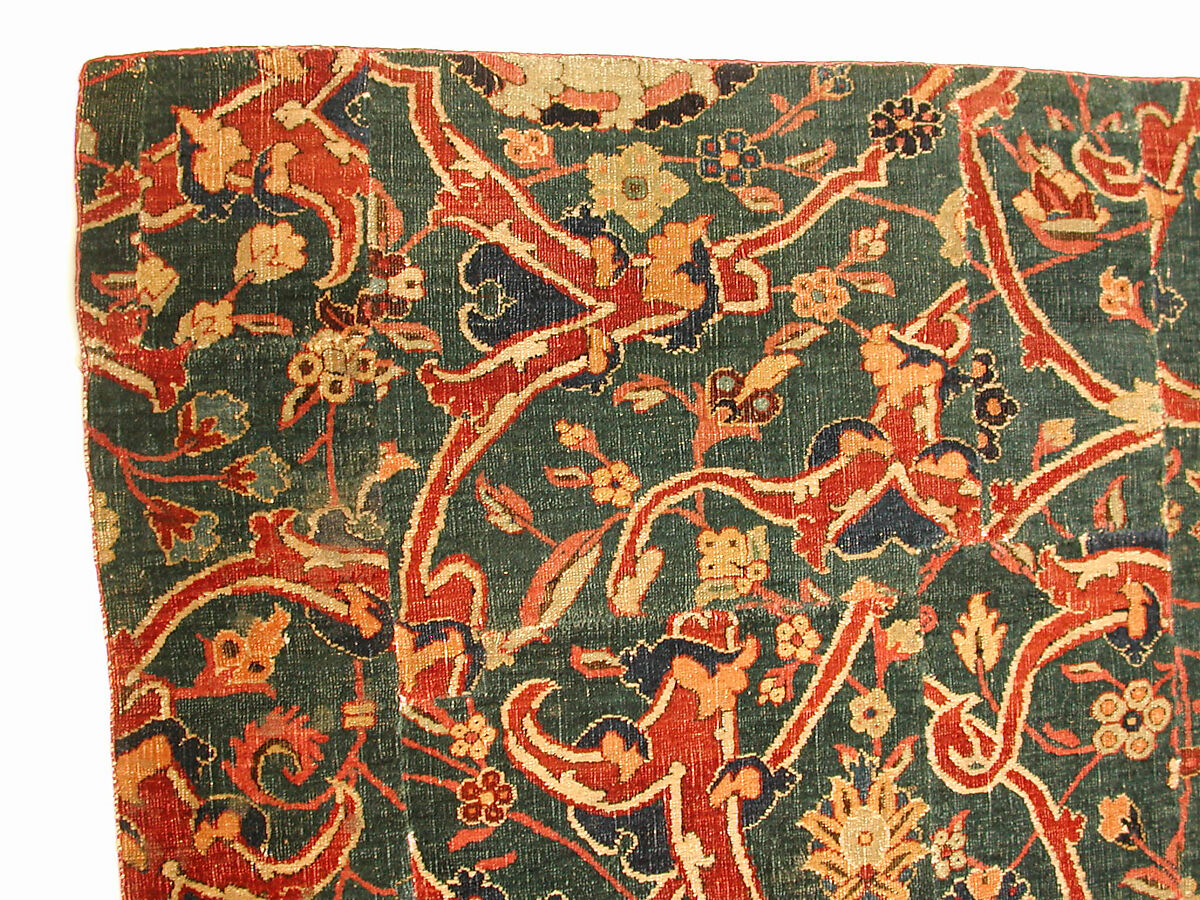 Blue-ground Carpet Fragment with Scrolling Floral Vines, Cotton (warp), wool (weft and pile); asymmetrically knotted pile